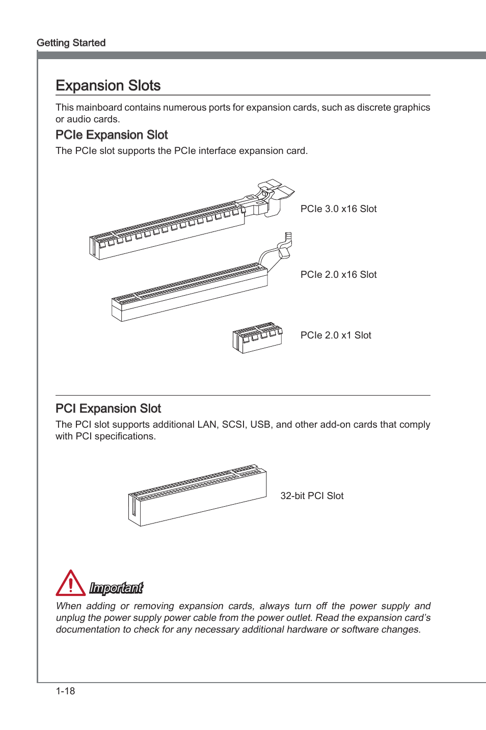Expansion slots, Pcie expansion slot, Pci expansion slot | Expanson slots -18, On slots, Expanson slots, Pcie expanson slot, Pci expanson slot, Important | MSI Z77A-G43 GAMING User Manual | Page 30 / 98