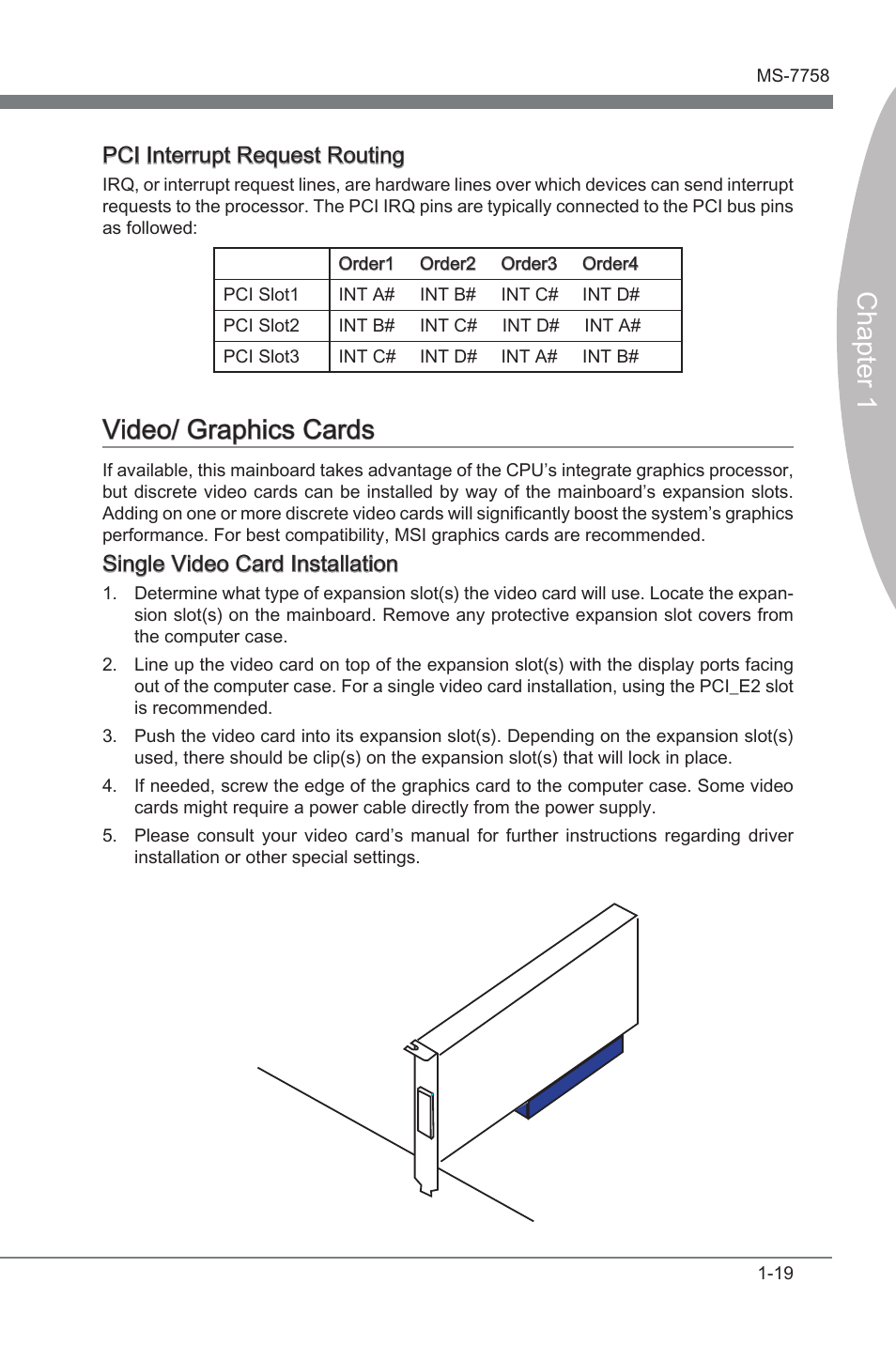 Video/ graphics cards, Vdeo/ graphcs cards -19, Chapter 1 | Vdeo/ graphcs cards, Pci interrupt request routng, Sngle vdeo card installaton | MSI Z77A-G43 GAMING User Manual | Page 31 / 98