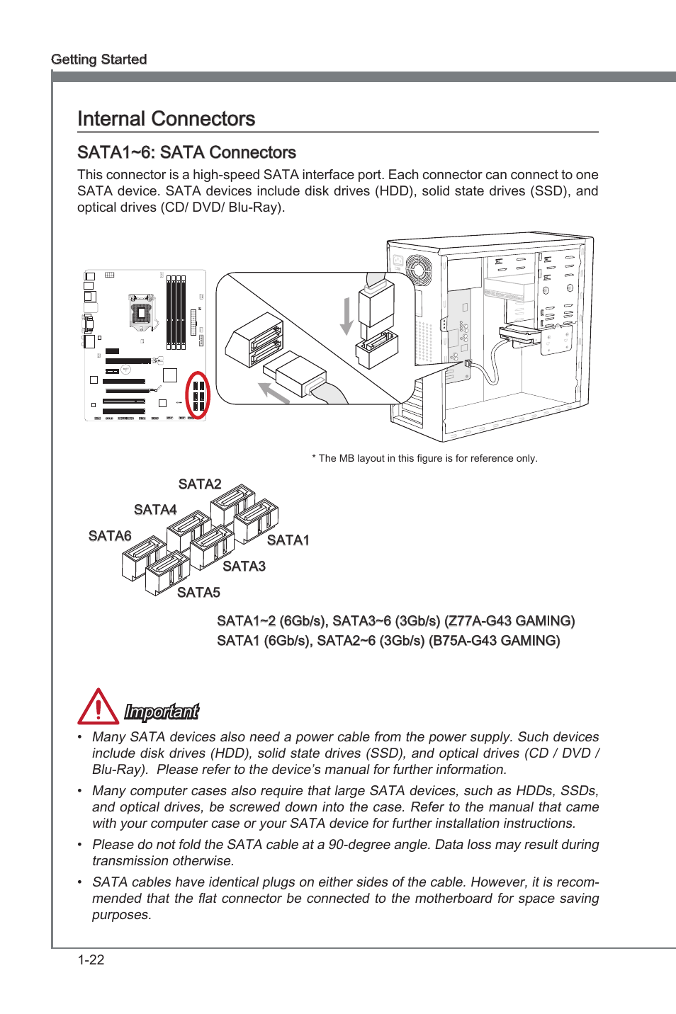 Internal connectors, Sata1~6: sata connectors, Internal connectors -22 | Sata1~6, Sata connectors, Important | MSI Z77A-G43 GAMING User Manual | Page 34 / 98
