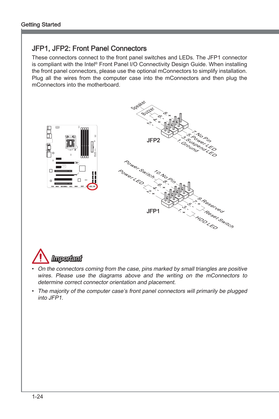 Jfp1, jfp2: front panel connectors, Jfp1, jfp2, Front panel connectors | Important | MSI Z77A-G43 GAMING User Manual | Page 36 / 98