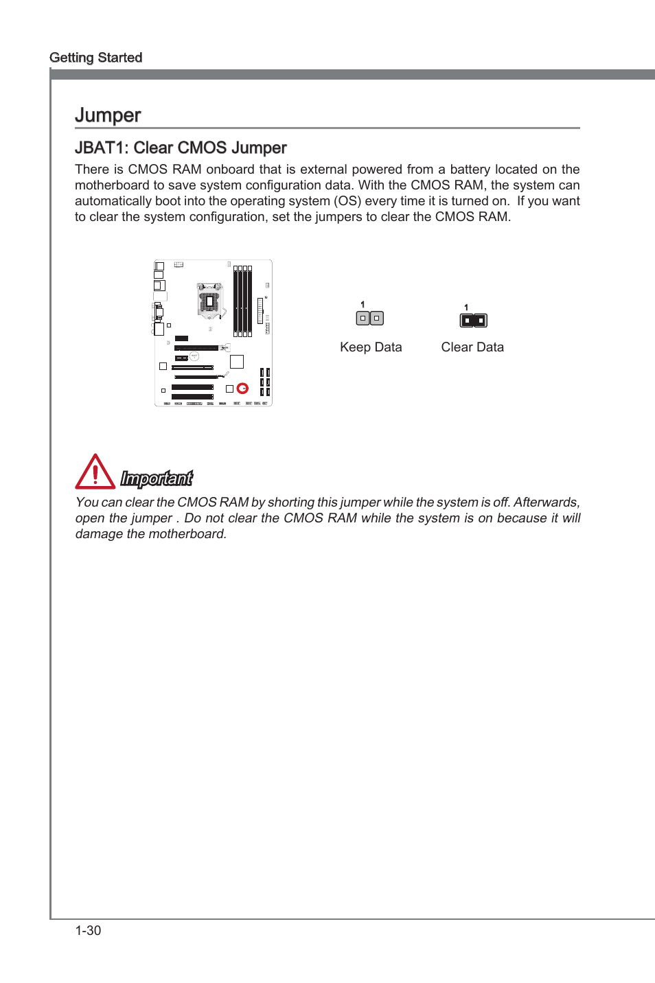Jumper, Jbat1: clear cmos jumper, Jumper -30 | Jbat1, Clear cmos jumper, Important | MSI Z77A-G43 GAMING User Manual | Page 42 / 98