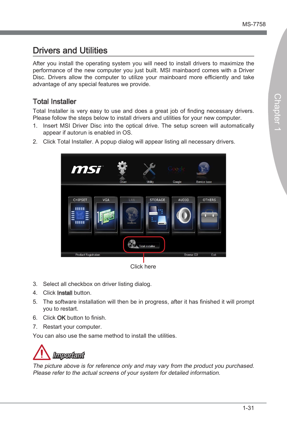 Drivers and utilities, Drvers and utltes -31, Chapter 1 drvers and utltes | Total installer, Important | MSI Z77A-G43 GAMING User Manual | Page 43 / 98