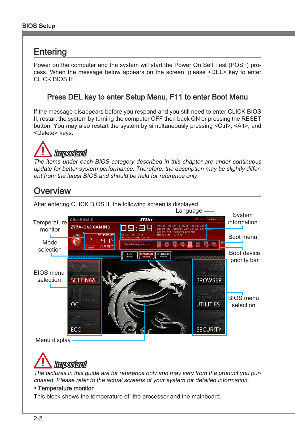 Entering, Overview, Enterng -2 overvew -2 | Enterng, Overvew, Important | MSI Z77A-G43 GAMING User Manual | Page 46 / 98