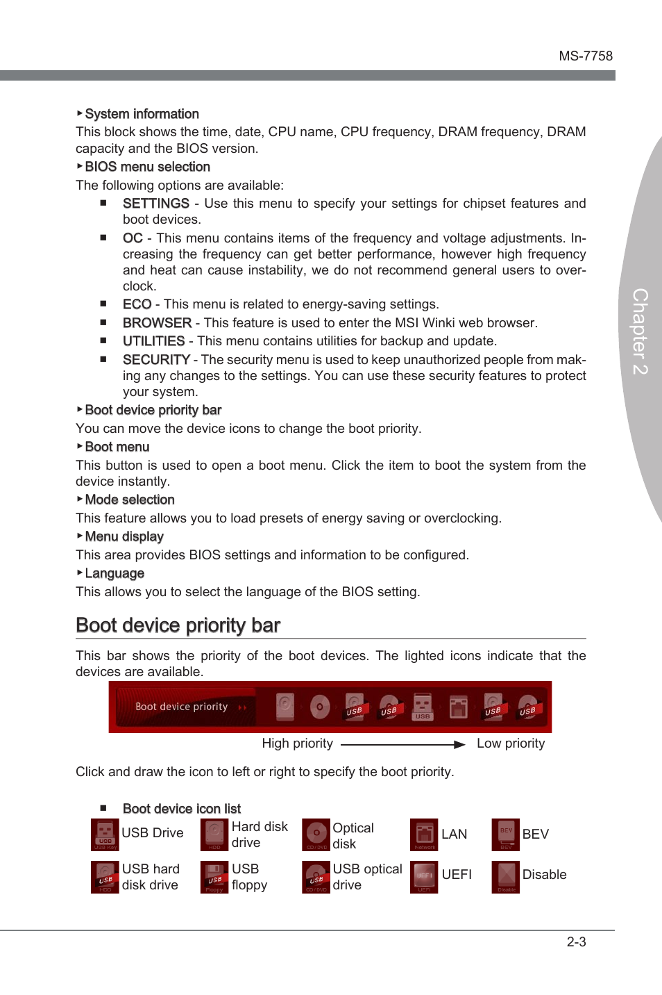 Boot device priority bar, Boot devce prorty bar -3, Chapter 2 | Boot devce prorty bar | MSI Z77A-G43 GAMING User Manual | Page 47 / 98