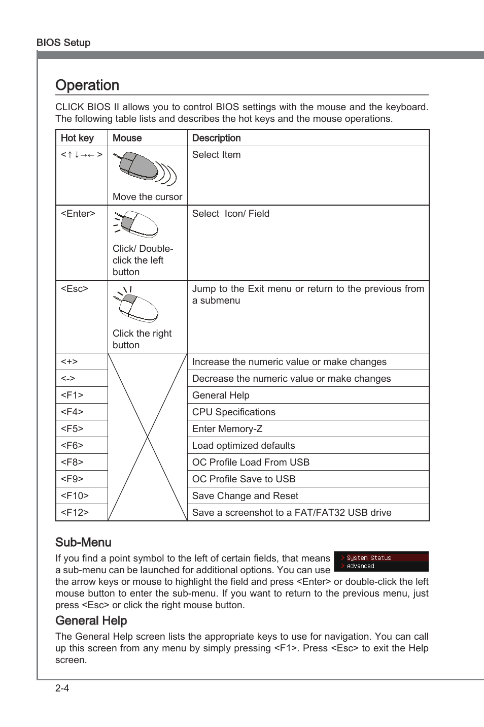 Operation, Operaton -4, Operaton | Sub-menu, General help | MSI Z77A-G43 GAMING User Manual | Page 48 / 98