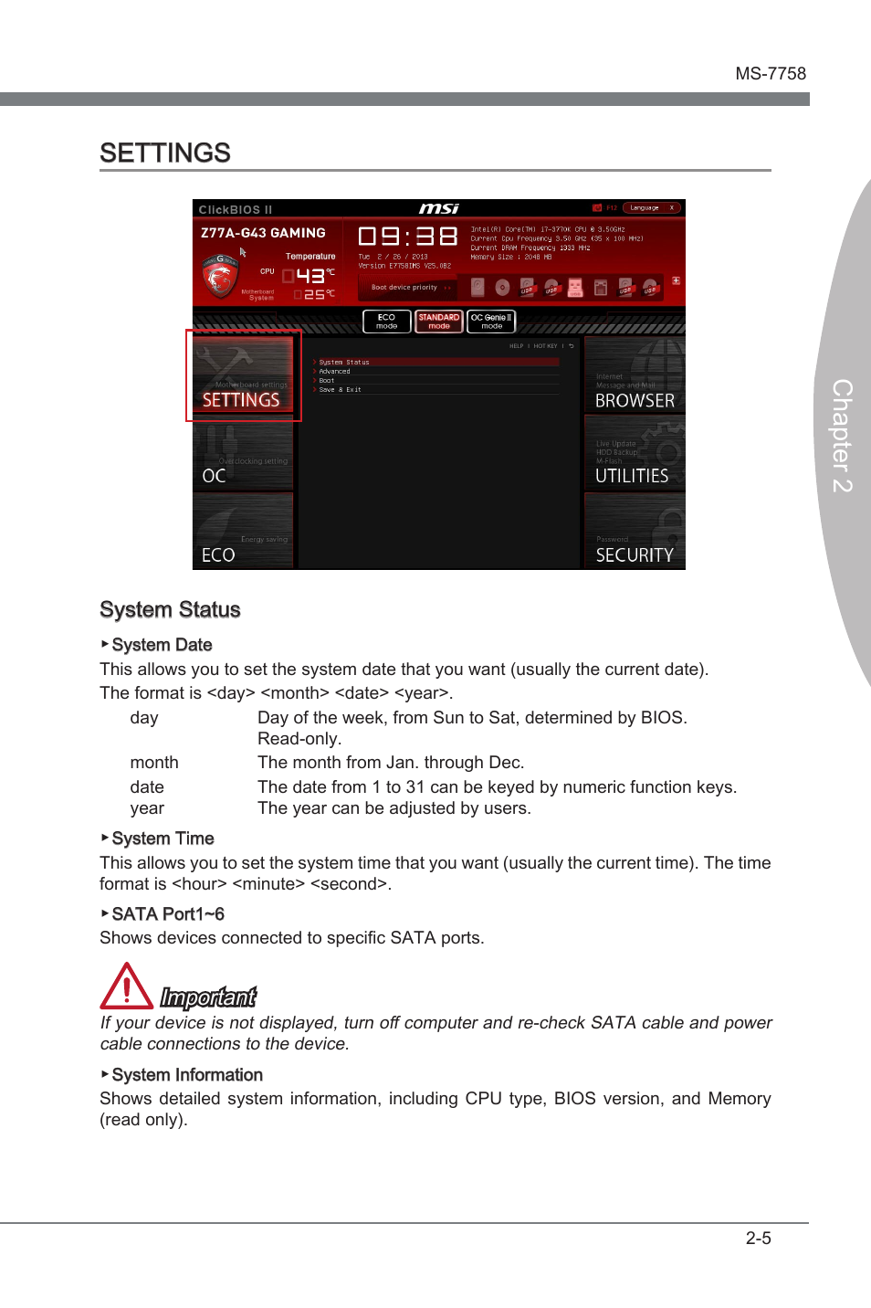 Settings, Settings -5, Chapter 2 settings | System status, Important | MSI Z77A-G43 GAMING User Manual | Page 49 / 98