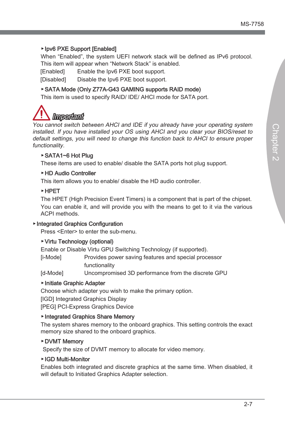 Chapter 2, Important | MSI Z77A-G43 GAMING User Manual | Page 51 / 98