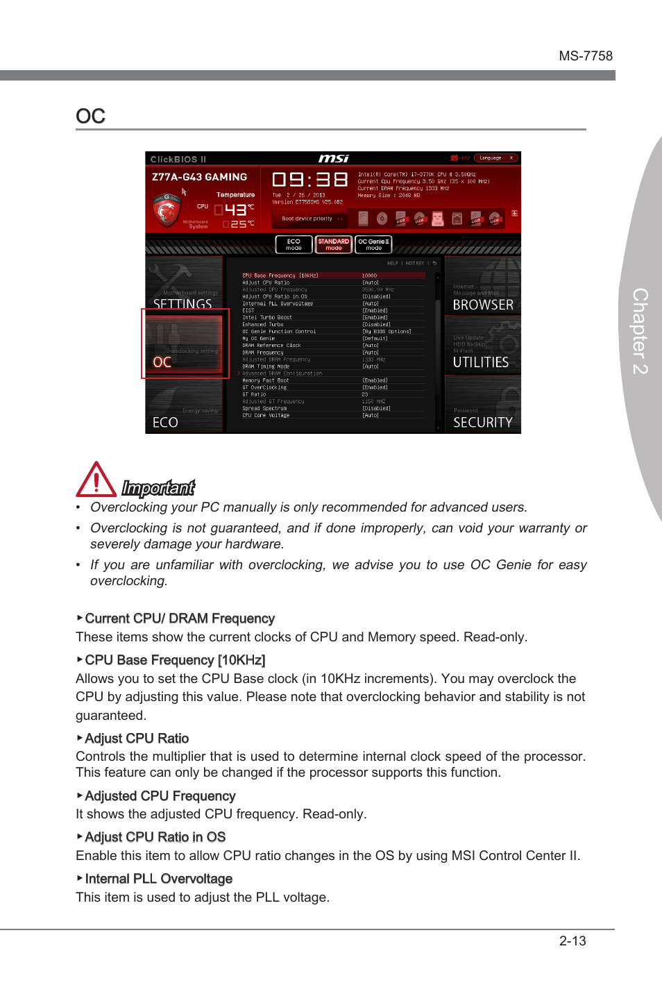 Oc -13, Chapter 2 oc, Important | MSI Z77A-G43 GAMING User Manual | Page 57 / 98