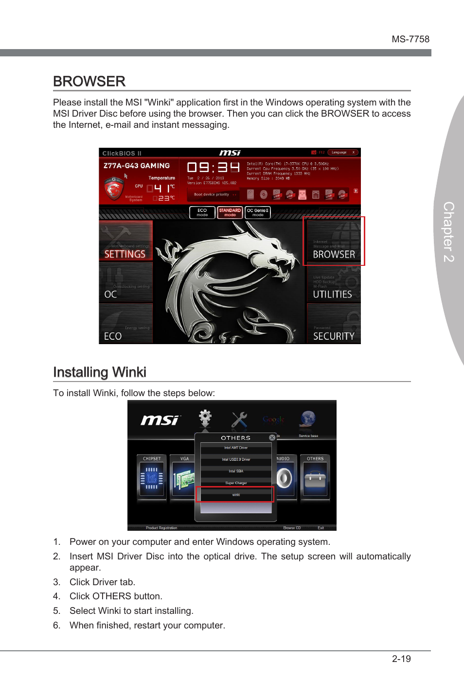 Browser, Installing winki, Browser -19 installng wnk -19 | Chapter 2 browser, Installng wnk | MSI Z77A-G43 GAMING User Manual | Page 63 / 98