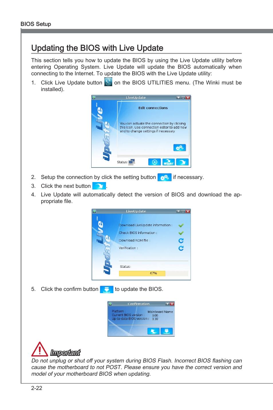 Updating the bios with live update, Updatng the bios wth lve update -22, Updatng the bios wth lve update | Important | MSI Z77A-G43 GAMING User Manual | Page 66 / 98