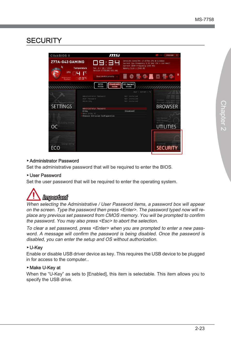 Security, Security -23, Chapter 2 security | Important | MSI Z77A-G43 GAMING User Manual | Page 67 / 98