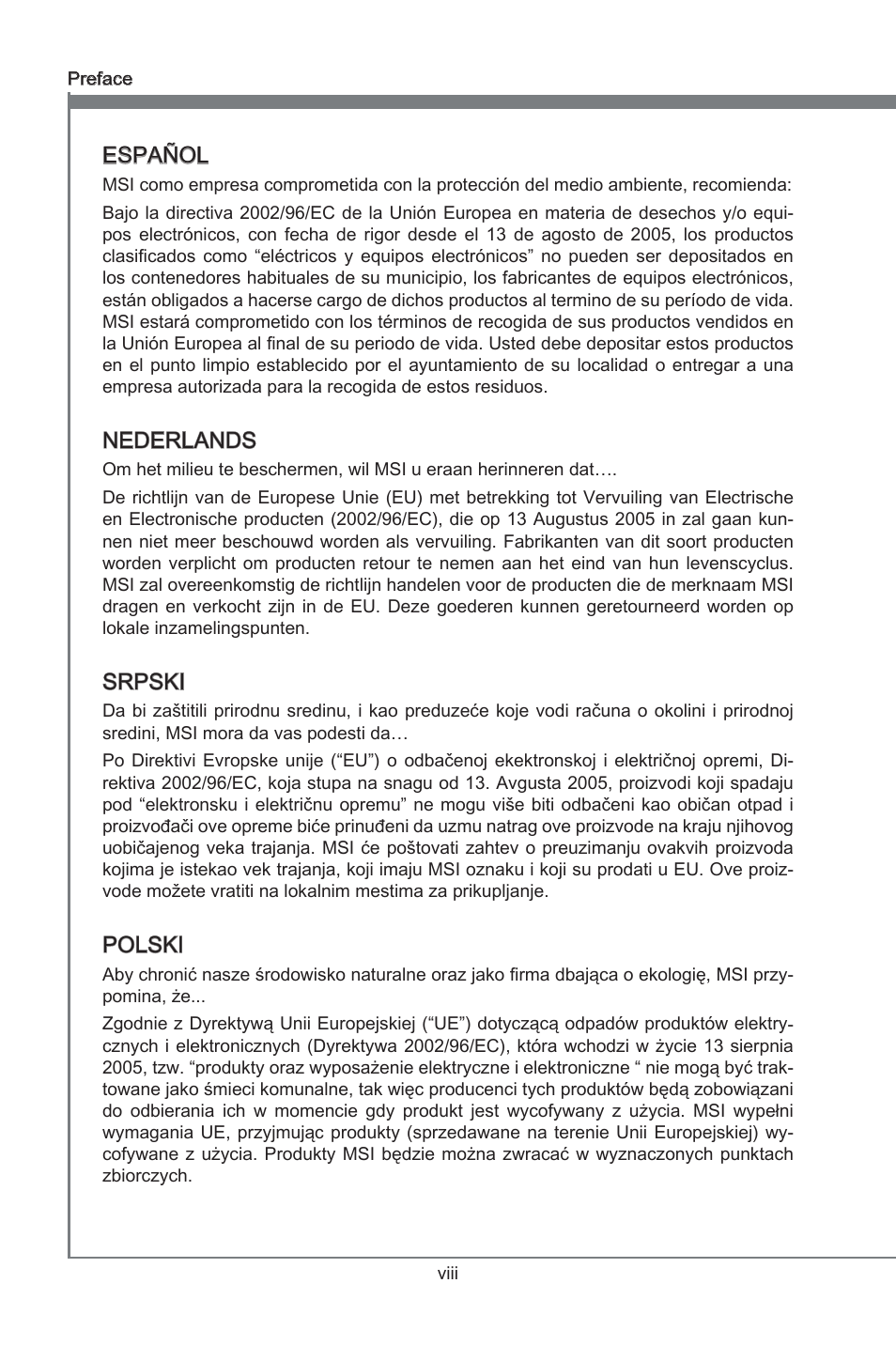 Preface, Español, Nederlands | Srpski, Polski | MSI Z77A-G43 GAMING User Manual | Page 8 / 98