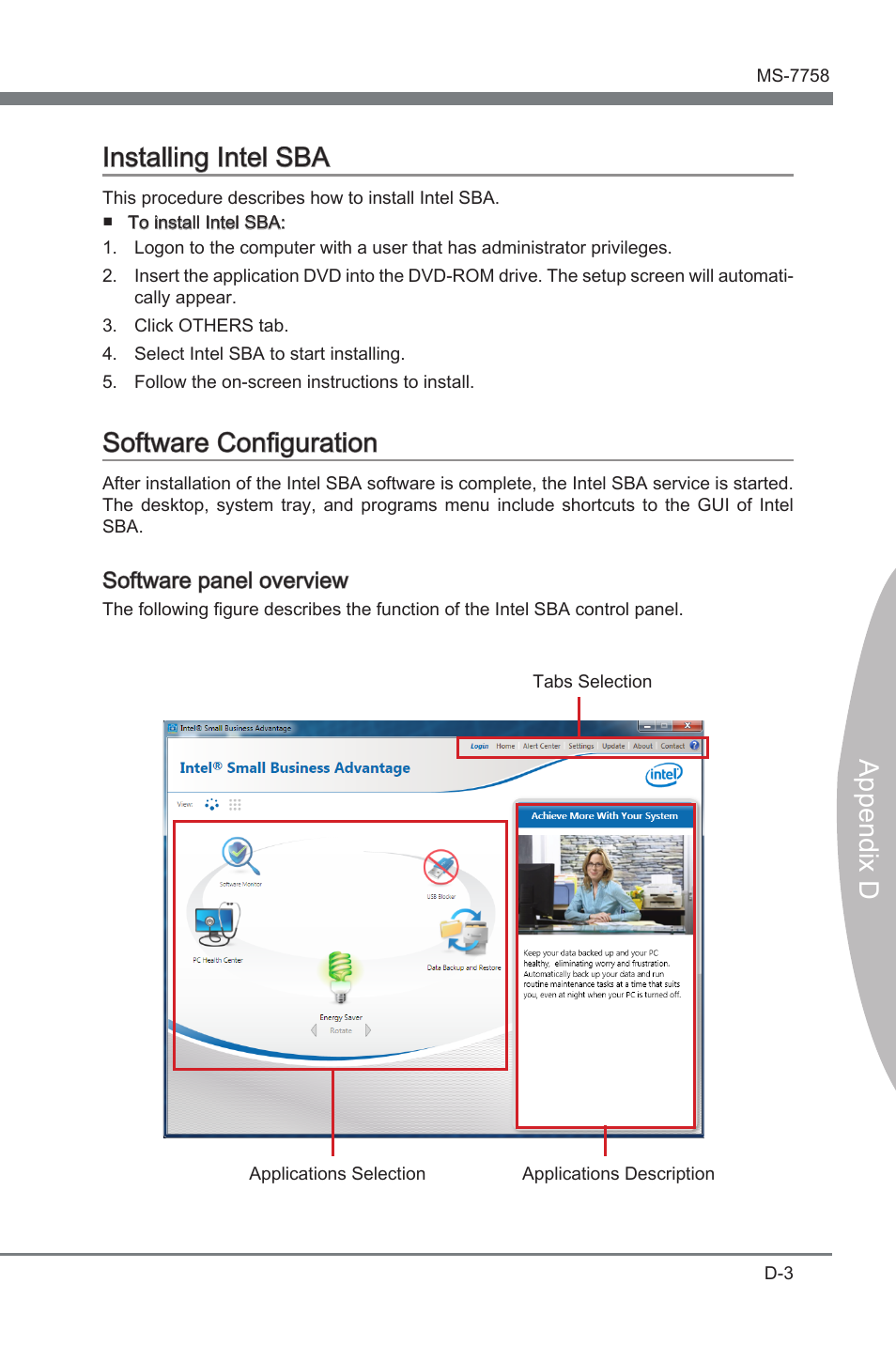 Installing intel sba, Software configuration, Append x d installng intel sba | Software configuraton | MSI Z77A-G43 GAMING User Manual | Page 97 / 98