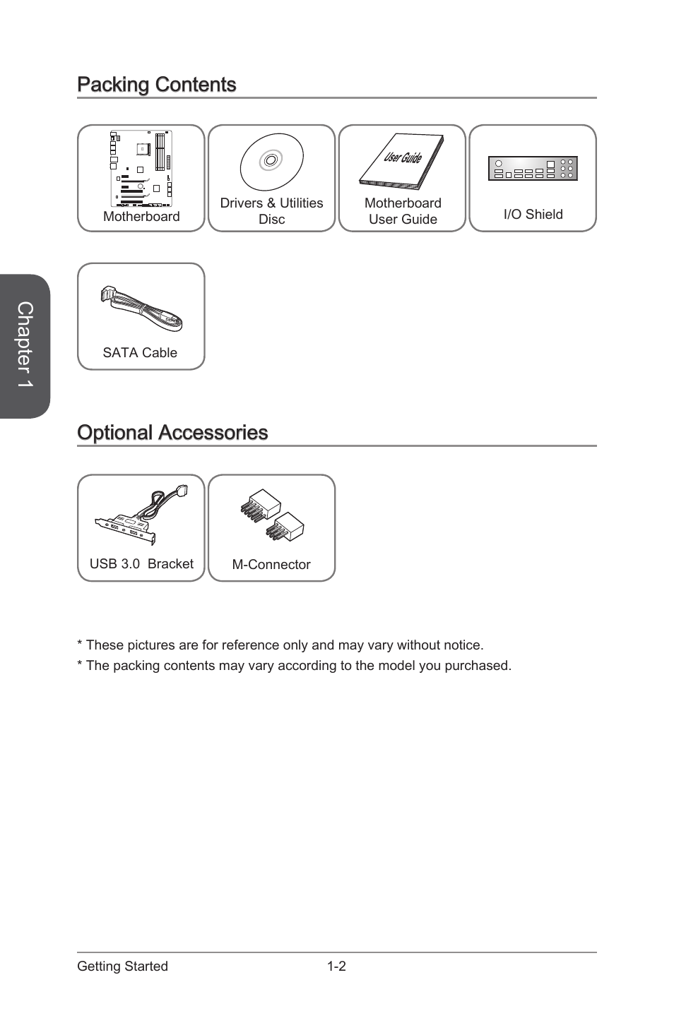 Packing contents -2 optional accessories -2, Chapter 1, Packing contents | Optional accessories | MSI 970 GAMING User Manual | Page 16 / 90