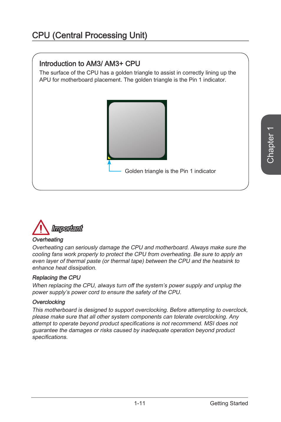 Cpu (central processing unit) -11, Introduction to am3/ am3+ cpu -11, Am3/ am3+ socket | Chapter 1, Cpu (central processing unit), Important, Introduction to am3/ am3+ cpu | MSI 970 GAMING User Manual | Page 25 / 90