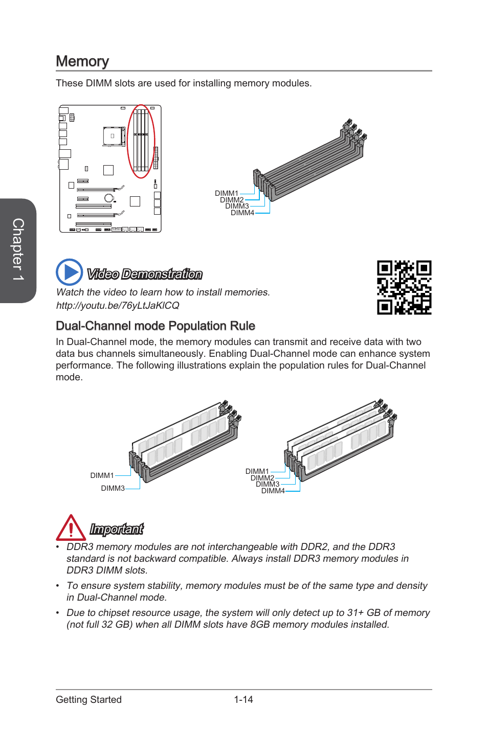 Memory -14, Dual-channel mode population rule -14, Ddr3 memory slots | Chapter 1, Video demonstration, Dual-channel mode population rule, Important | MSI 970 GAMING User Manual | Page 28 / 90