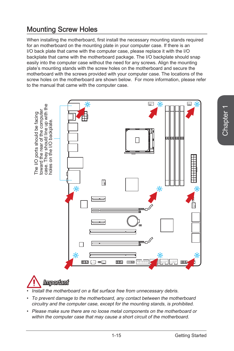 Mounting screw holes -15, Chapter 1, Mounting screw holes | Important | MSI 970 GAMING User Manual | Page 29 / 90