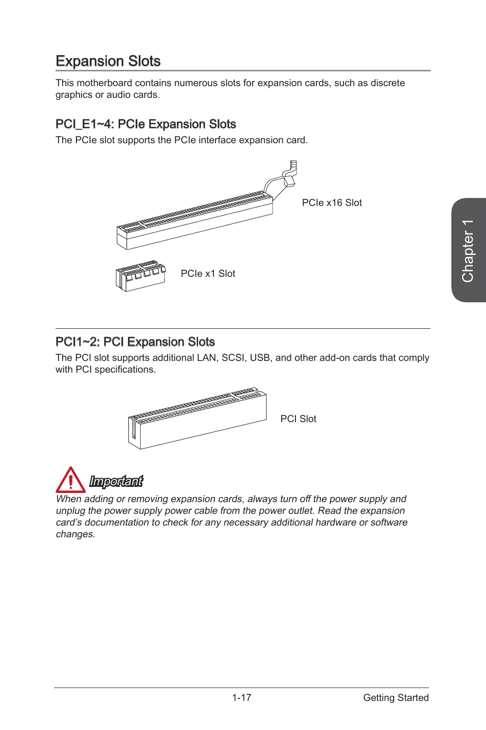 Expansion slots -17, Pci_e1~4, Pcie expansion slots | Pci1~2, Pci expension slots, Chapter 1, Expansion slots | MSI 970 GAMING User Manual | Page 31 / 90