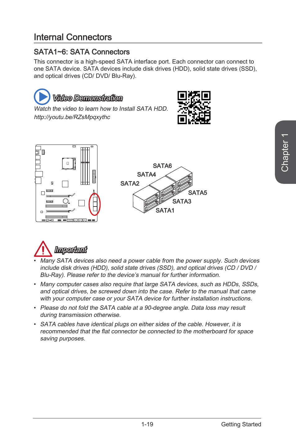 Internal connectors -19, Sata1~6: sata connectors -19, Sata1~6 | Sata connectors, Chapter 1, Internal connectors, Sata1~6: sata connectors, Video demonstration, Important | MSI 970 GAMING User Manual | Page 33 / 90