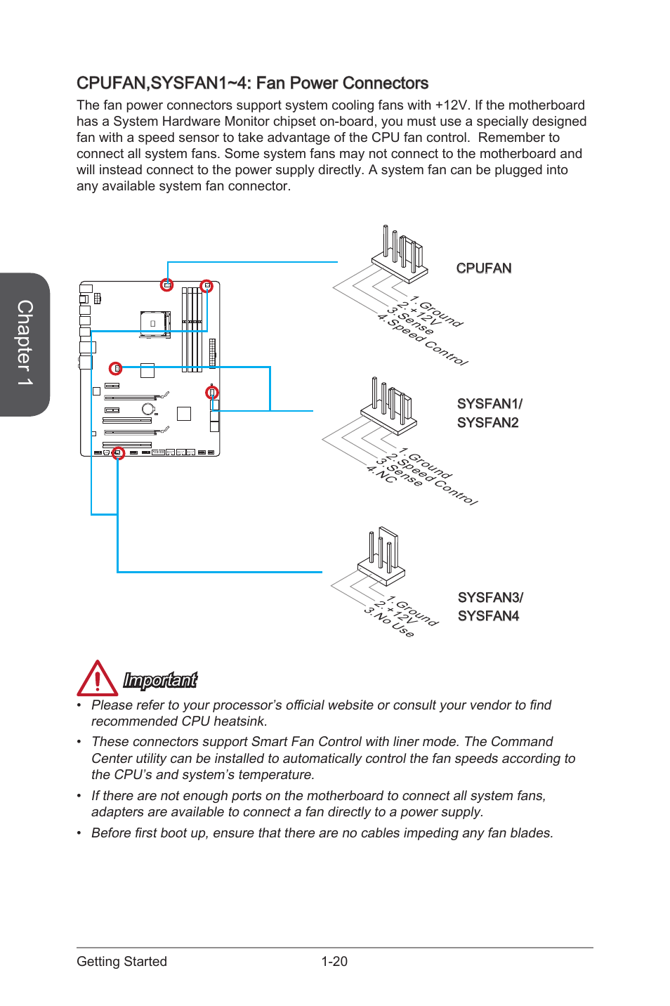 Cpufan,sysfan1~4: fan power connectors -20, Cpufan,sysfan1~4, Fan power connectors | Chapter 1, Cpufan,sysfan1~4: fan power connectors, Important | MSI 970 GAMING User Manual | Page 34 / 90