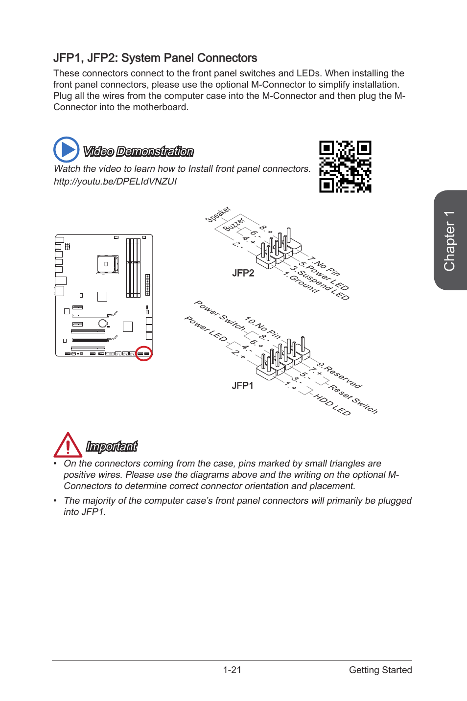 Jfp1, jfp2: system panel connectors -21, Jfp1, jfp2, System panel connectors | Chapter 1, Jfp1, jfp2: system panel connectors, Video demonstration, Important | MSI 970 GAMING User Manual | Page 35 / 90
