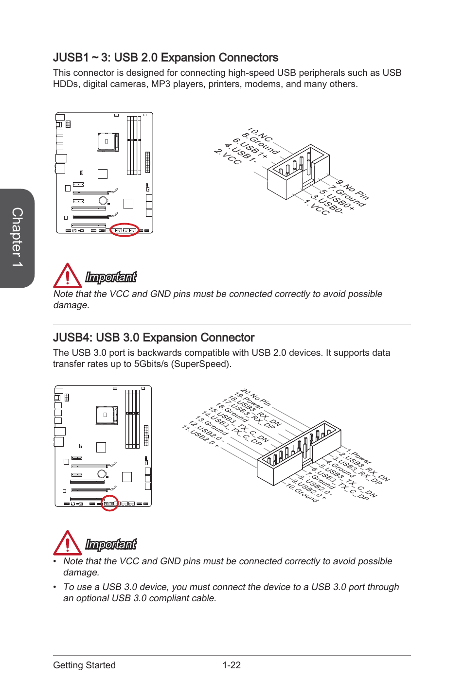 Jusb1～3, Usb 2.0 expansion connectors, Jusb4 | Usb 3.0 expansion connector, Chapter 1, Jusb1～3: usb 2.0 expansion connectors, Important, Jusb4: usb 3.0 expansion connector, 22 getting started | MSI 970 GAMING User Manual | Page 36 / 90