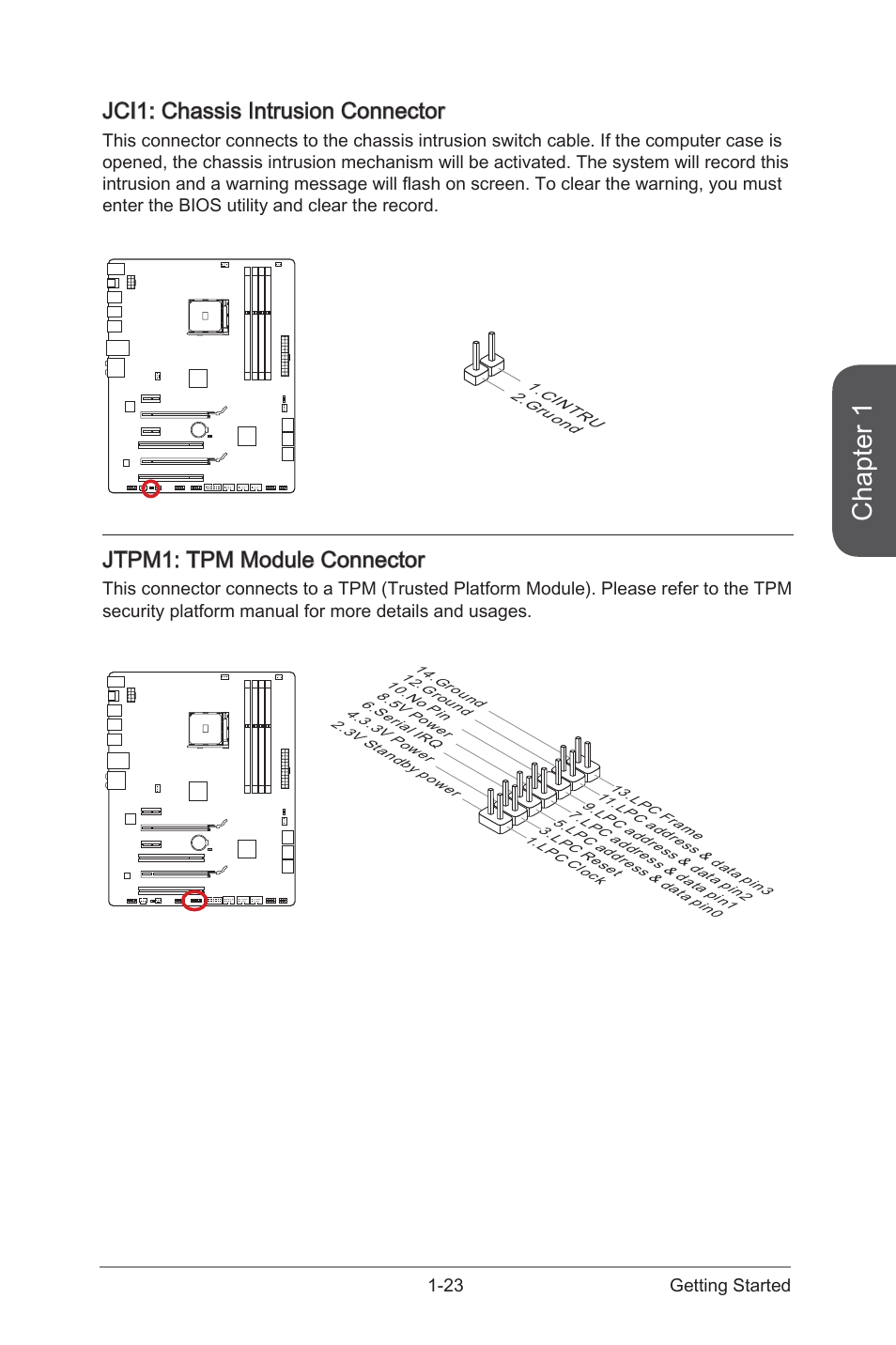 Jci1, Chassis intrusion connector, Jtpm1 | Tpm module connector, Chapter 1, Jci1: chassis intrusion connector, Jtpm1: tpm module connector | MSI 970 GAMING User Manual | Page 37 / 90