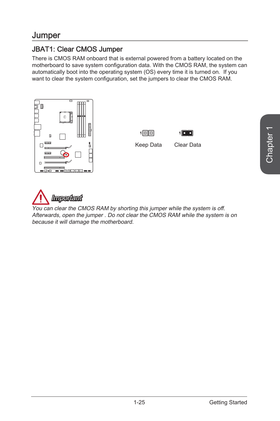 Jumper -25, Jbat1: clear cmos jumper -25, Jbat1 | Clear cmos jumper, Chapter 1, Jumper, Jbat1: clear cmos jumper, Important | MSI 970 GAMING User Manual | Page 39 / 90