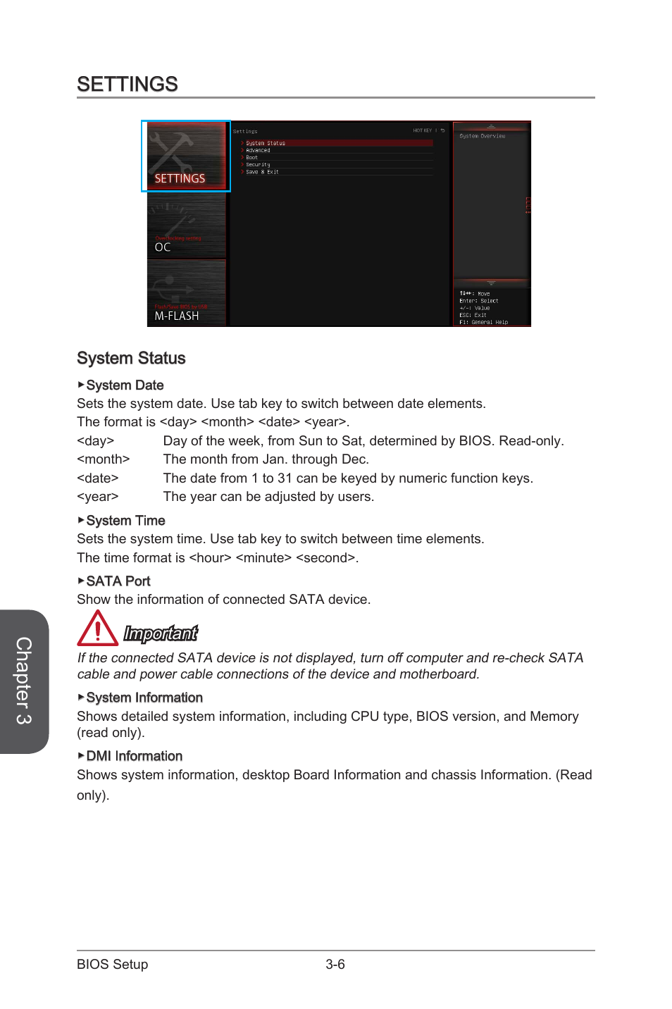 Settings -6, System status -6, Chapter 3 | Settings, System status, Important | MSI 970 GAMING User Manual | Page 62 / 90