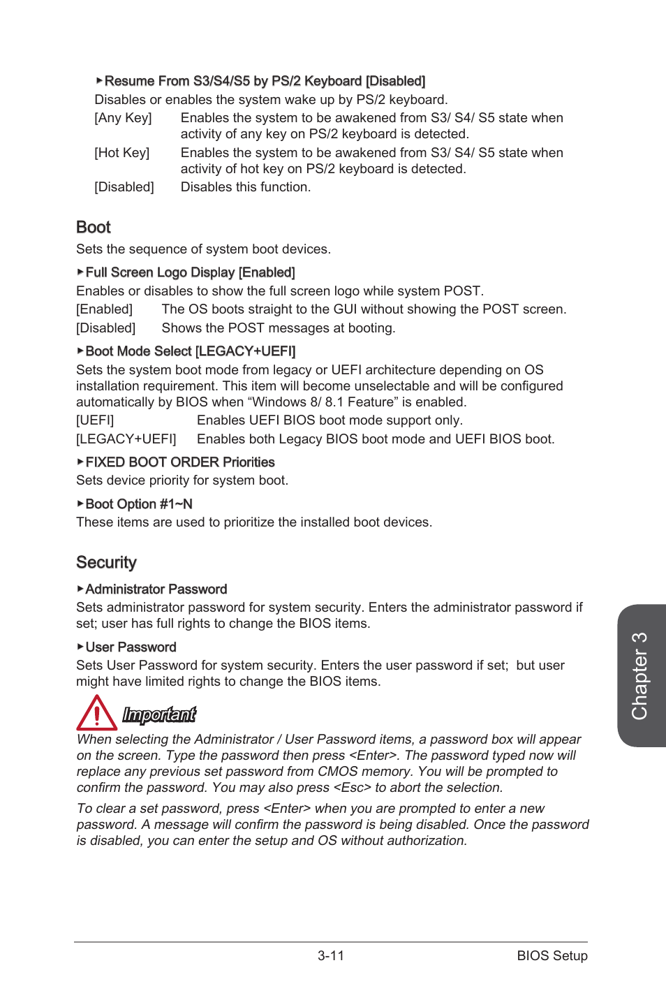 Boot -11 security -11, Chapter 3, Boot | Security, Important | MSI 970 GAMING User Manual | Page 67 / 90