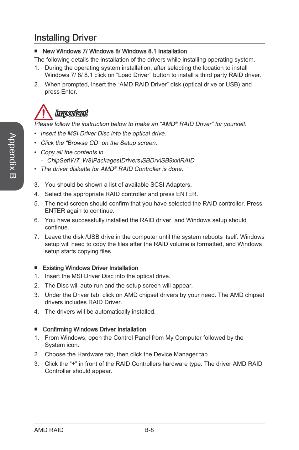 Appendix b, Installing driver, Important | MSI 970 GAMING User Manual | Page 90 / 90
