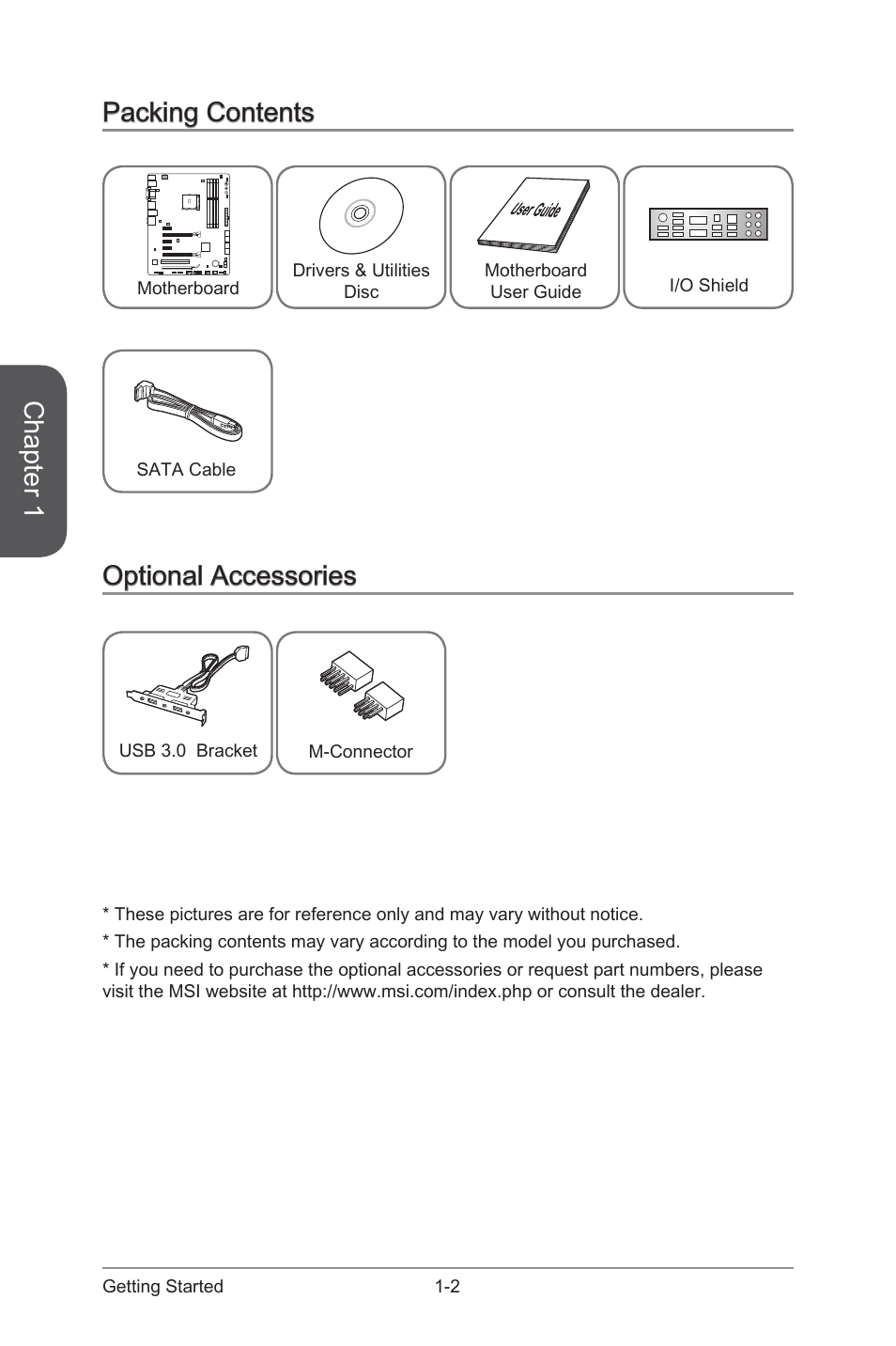 Packing contents -2 optional accessories -2, Chapter 1, Packing contents | Optional accessories | MSI A88X-G45 GAMING User Manual | Page 16 / 104