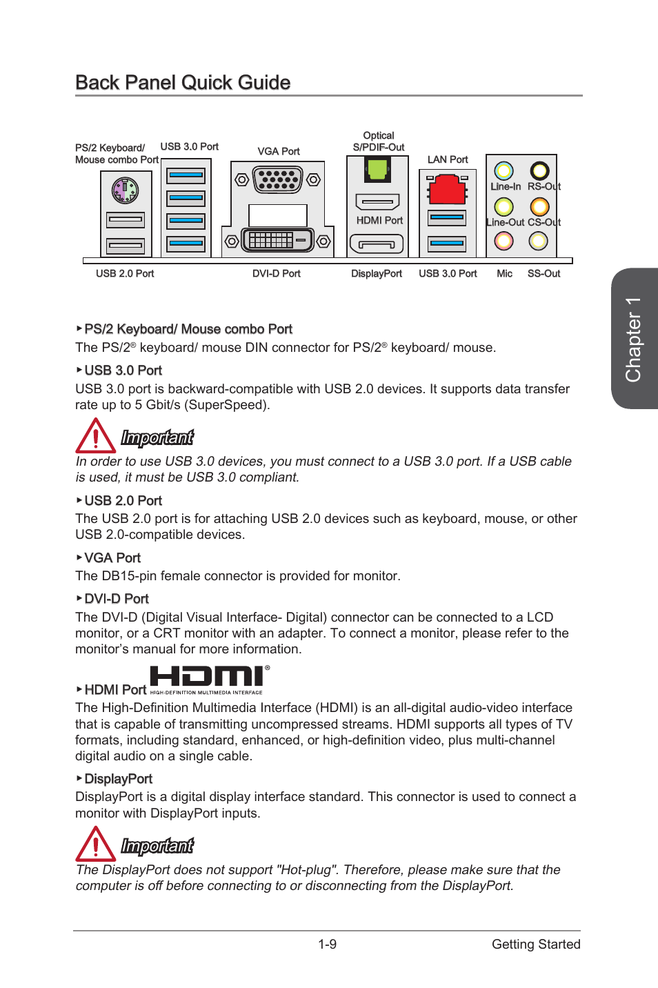 Back panel quick guide -9, Chapter 1, Back panel quick guide | Important | MSI A88X-G45 GAMING User Manual | Page 23 / 104