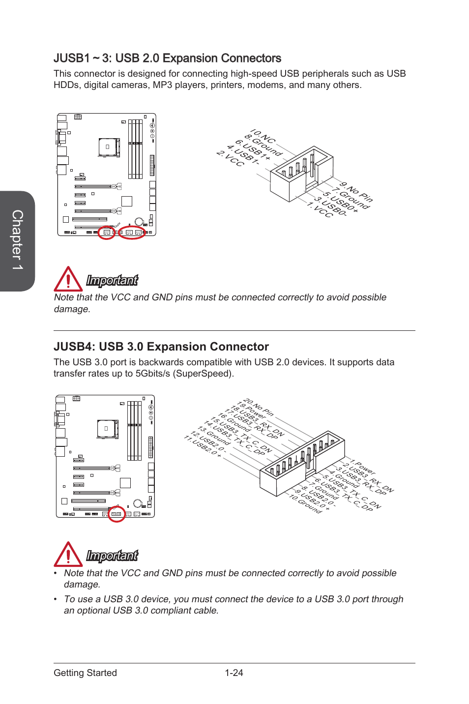 Jusb1～3, Usb 2.0 expansion connectors, Jusb4 | Usb 3.0 expansion connector, Chapter 1, Jusb1～3: usb 2.0 expansion connectors, Important, Jusb4: usb 3.0 expansion connector | MSI A88X-G45 GAMING User Manual | Page 38 / 104