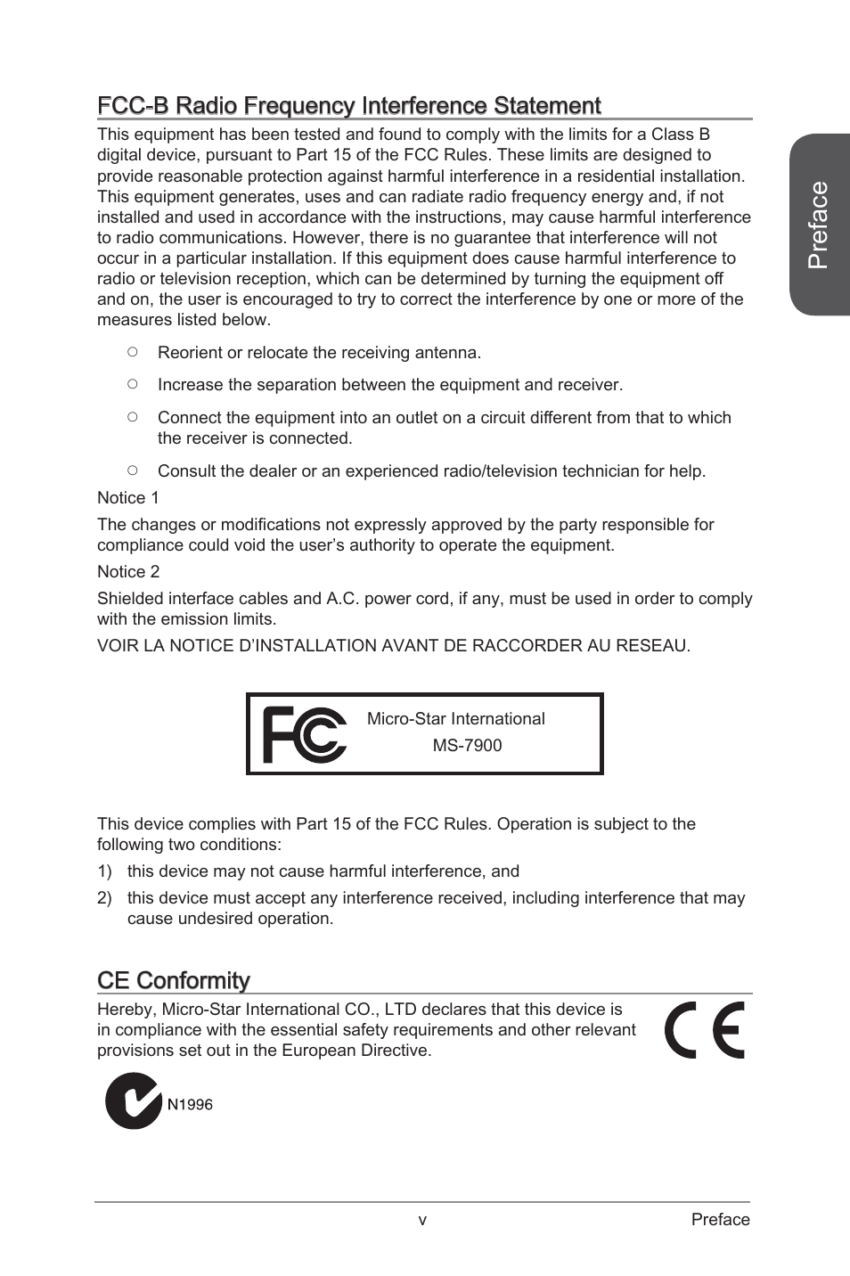 Preface, Ce conformity, Fcc-b radio frequency interference statement | MSI A88X-G45 GAMING User Manual | Page 5 / 104