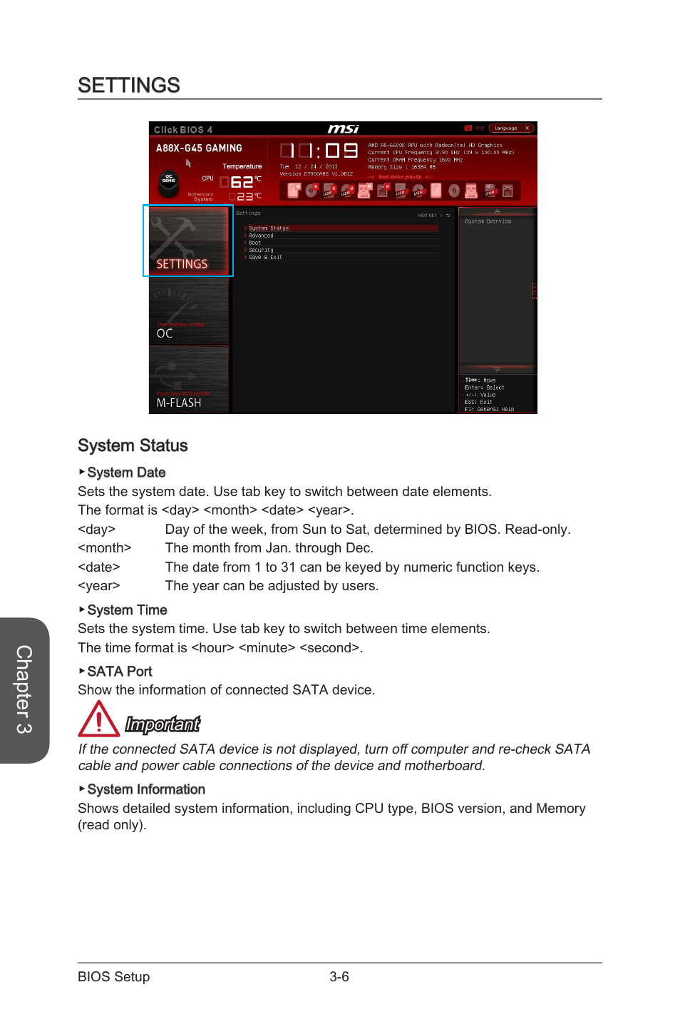 Settings -6, System status -6, Chapter 3 | Settings, System status, Important | MSI A88X-G45 GAMING User Manual | Page 68 / 104