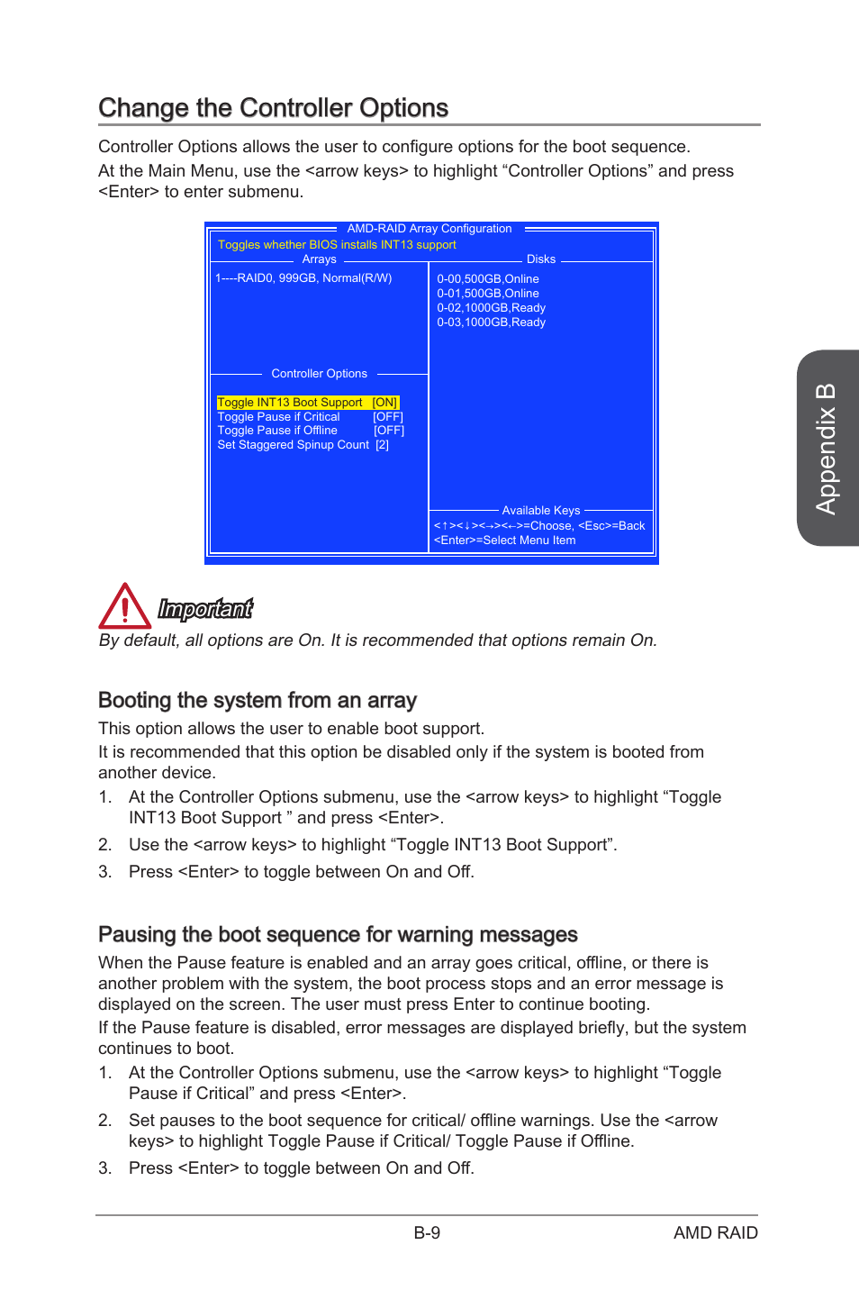 Appendix b, Change the controller options, Important | Booting the system from an array, Pausing the boot sequence for warning messages | MSI A88X-G45 GAMING User Manual | Page 99 / 104