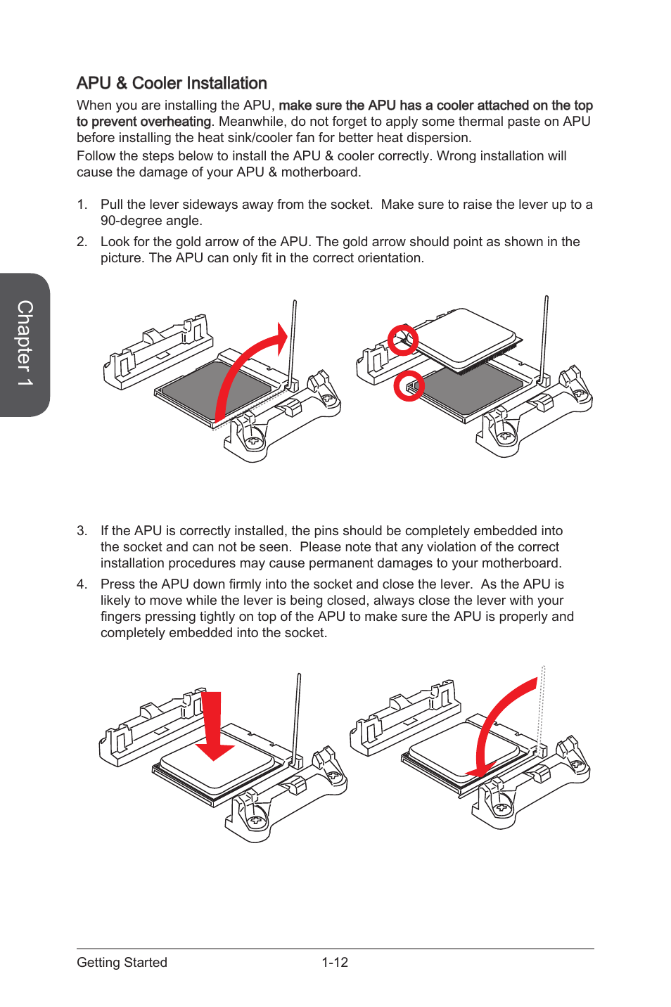 Apu & cooler installation -12, Chapter 1, Apu & cooler installation | MSI A88XM GAMING User Manual | Page 26 / 102