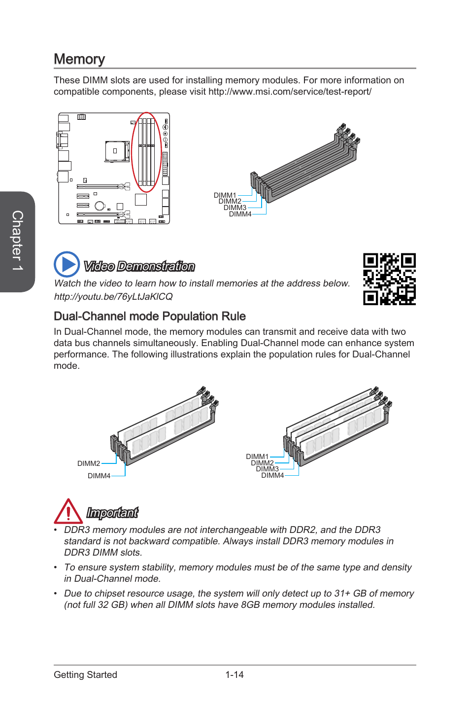 Memory -14, Dual-channel mode population rule -14, Chapter 1 | Video demonstration, Dual-channel mode population rule, Important | MSI A88XM GAMING User Manual | Page 28 / 102