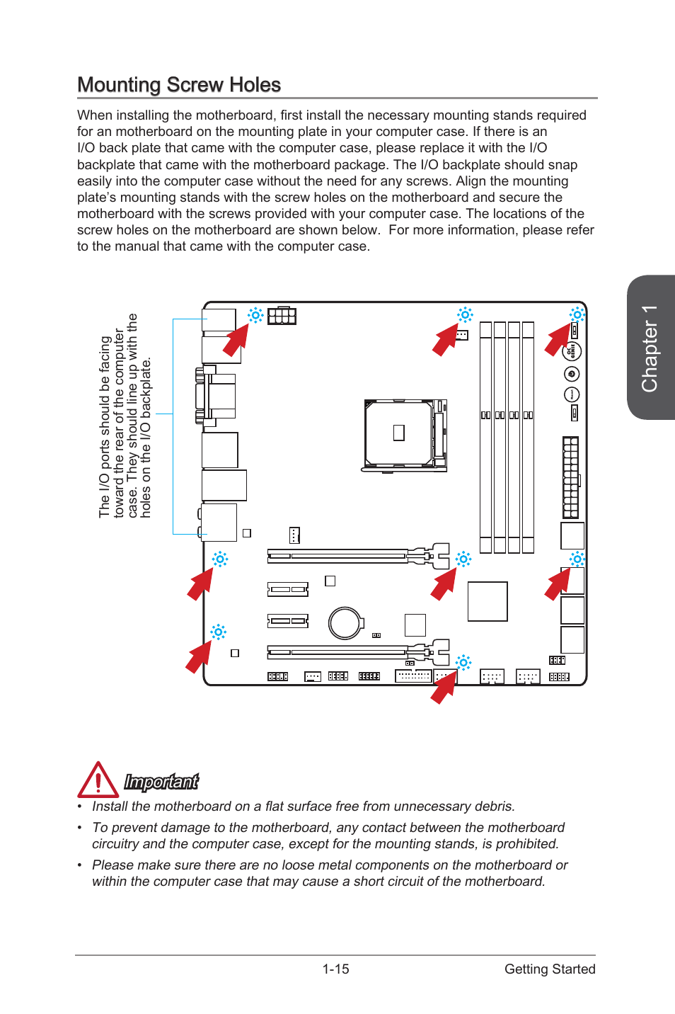 Mounting screw holes -15, Chapter 1, Mounting screw holes | Important | MSI A88XM GAMING User Manual | Page 29 / 102