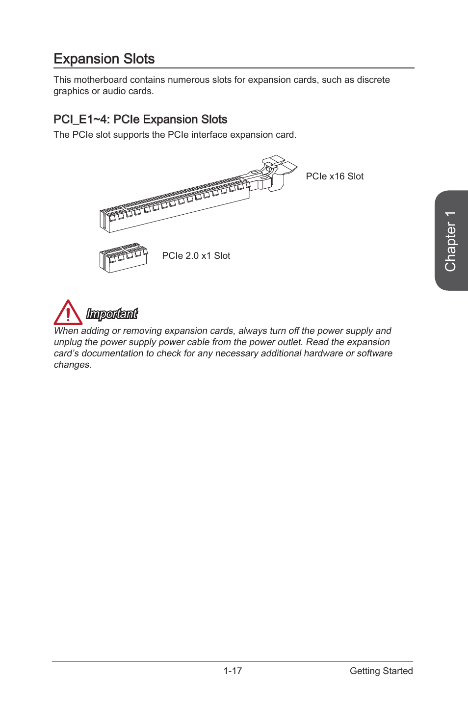 Expansion slots -17, Pci_e1~4: pcie expansion slots -17, Pci_e1~4 | Pcie expansion slots, Chapter 1, Expansion slots | MSI A88XM GAMING User Manual | Page 31 / 102