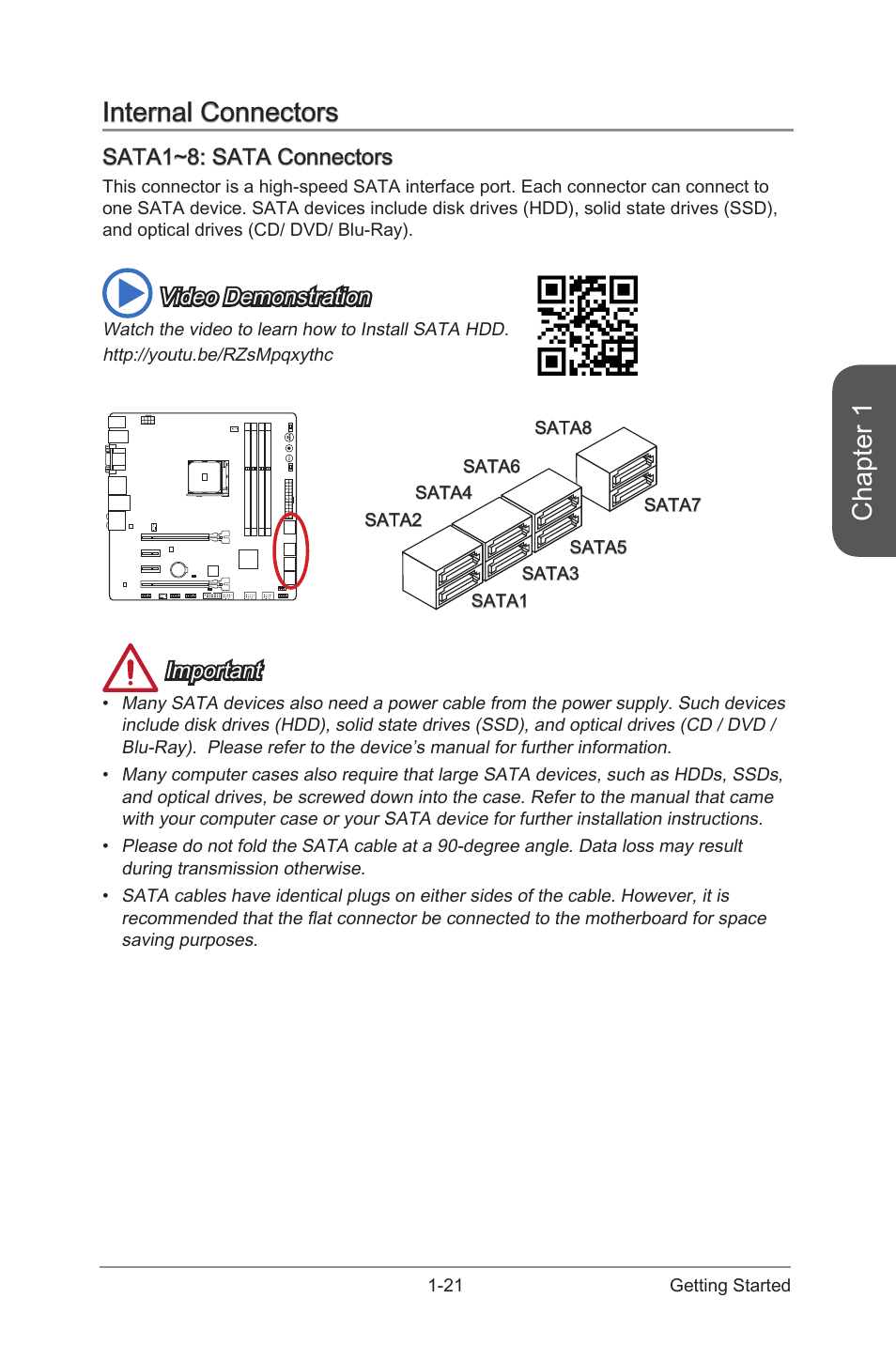 Internal connectors -21, Sata1~8: sata connectors -21, Sata1~8 | Sata connectors, Chapter 1, Internal connectors, Sata1~8: sata connectors, Video demonstration, Important | MSI A88XM GAMING User Manual | Page 35 / 102