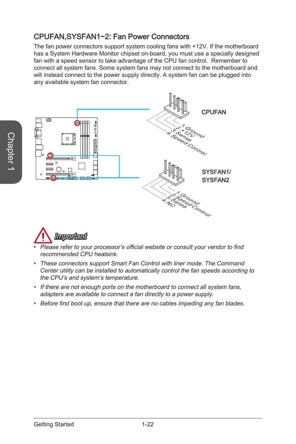 Cpufan,sysfan1~2: fan power connectors -22, Cpufan,sysfan1~2, Fan power connectors | Chapter 1, Cpufan,sysfan1~2: fan power connectors, Important | MSI A88XM GAMING User Manual | Page 36 / 102