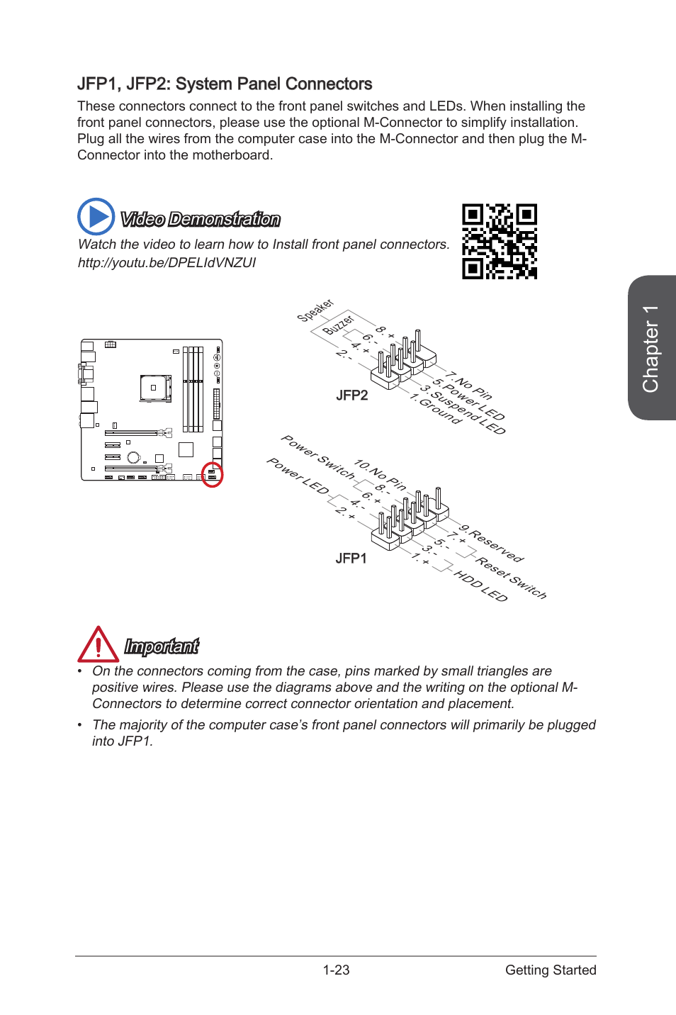 Jfp1, jfp2: system panel connectors -23, Jfp1, jfp2, System panel connectors | Chapter 1, Jfp1, jfp2: system panel connectors, Video demonstration, Important | MSI A88XM GAMING User Manual | Page 37 / 102