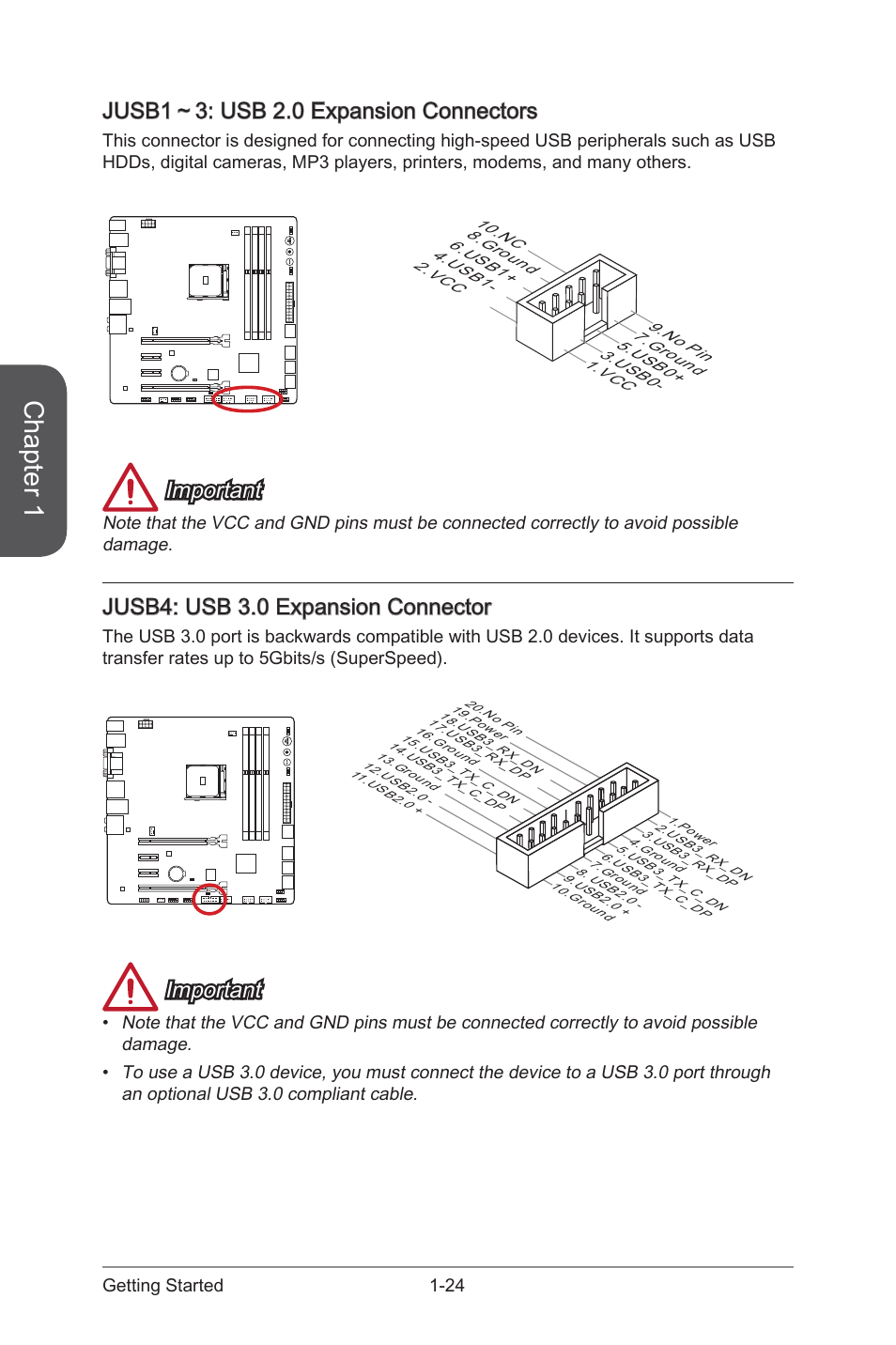 Jusb1～3, Usb 2.0 expansion connectors, Jusb4 | Usb 3.0 expansion connector, Chapter 1, Jusb1～3: usb 2.0 expansion connectors, Important, Jusb4: usb 3.0 expansion connector | MSI A88XM GAMING User Manual | Page 38 / 102