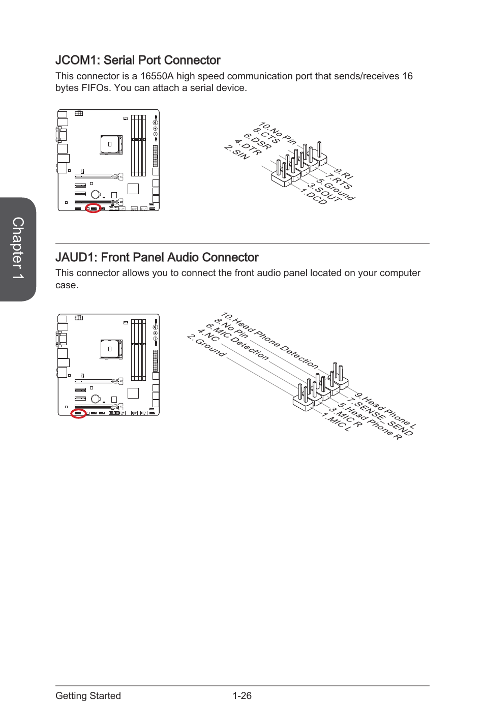 Aud1, Front panel audio connector, Jcom1 | Serial port connector, Chapter 1, Jcom1: serial port connector, Jaud1: front panel audio connector | MSI A88XM GAMING User Manual | Page 40 / 102