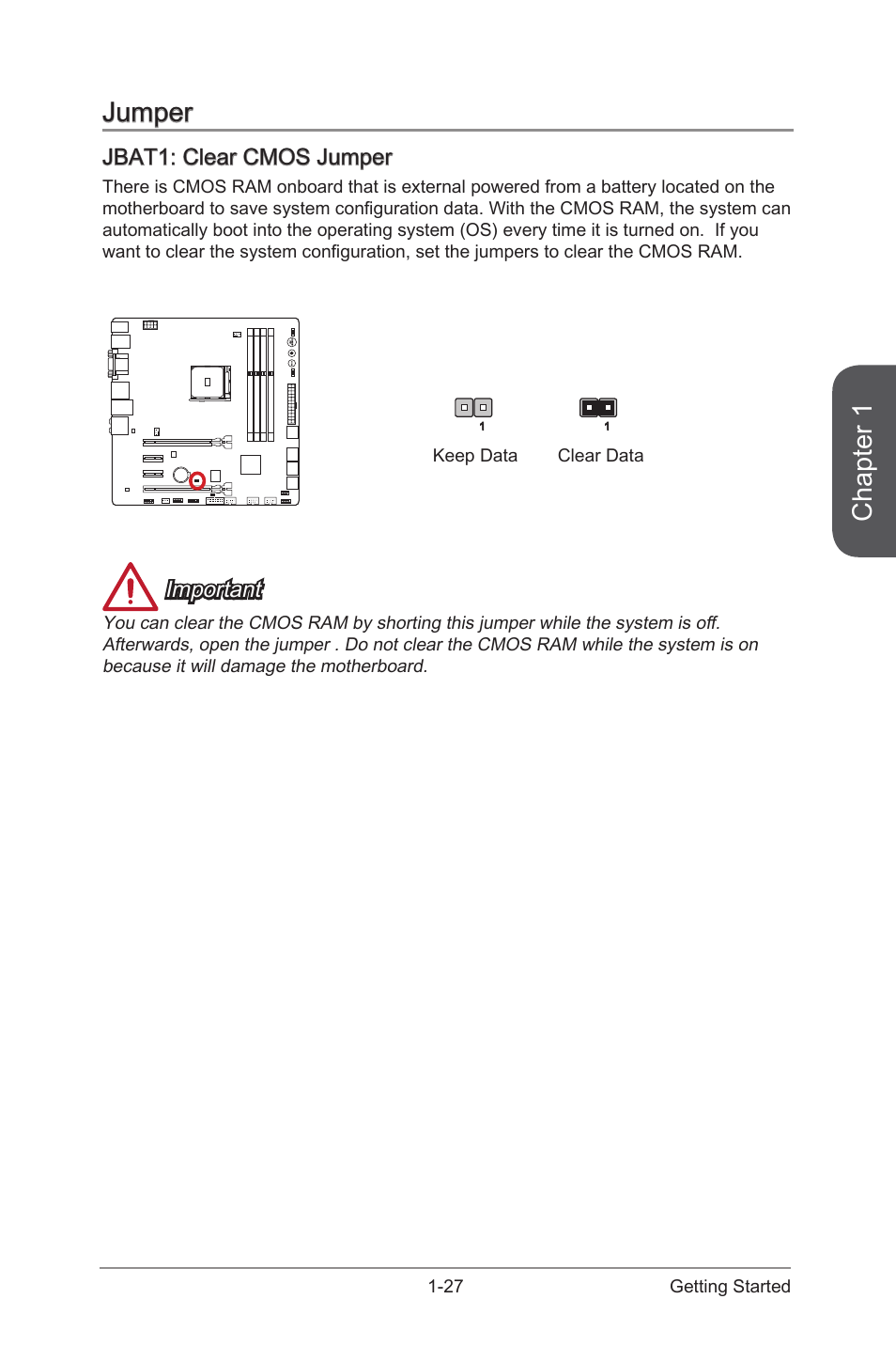 Jumper -27, Jbat1: clear cmos jumper -27, Jbat1 | Clear cmos jumper, Chapter 1, Jumper, Jbat1: clear cmos jumper, Important | MSI A88XM GAMING User Manual | Page 41 / 102