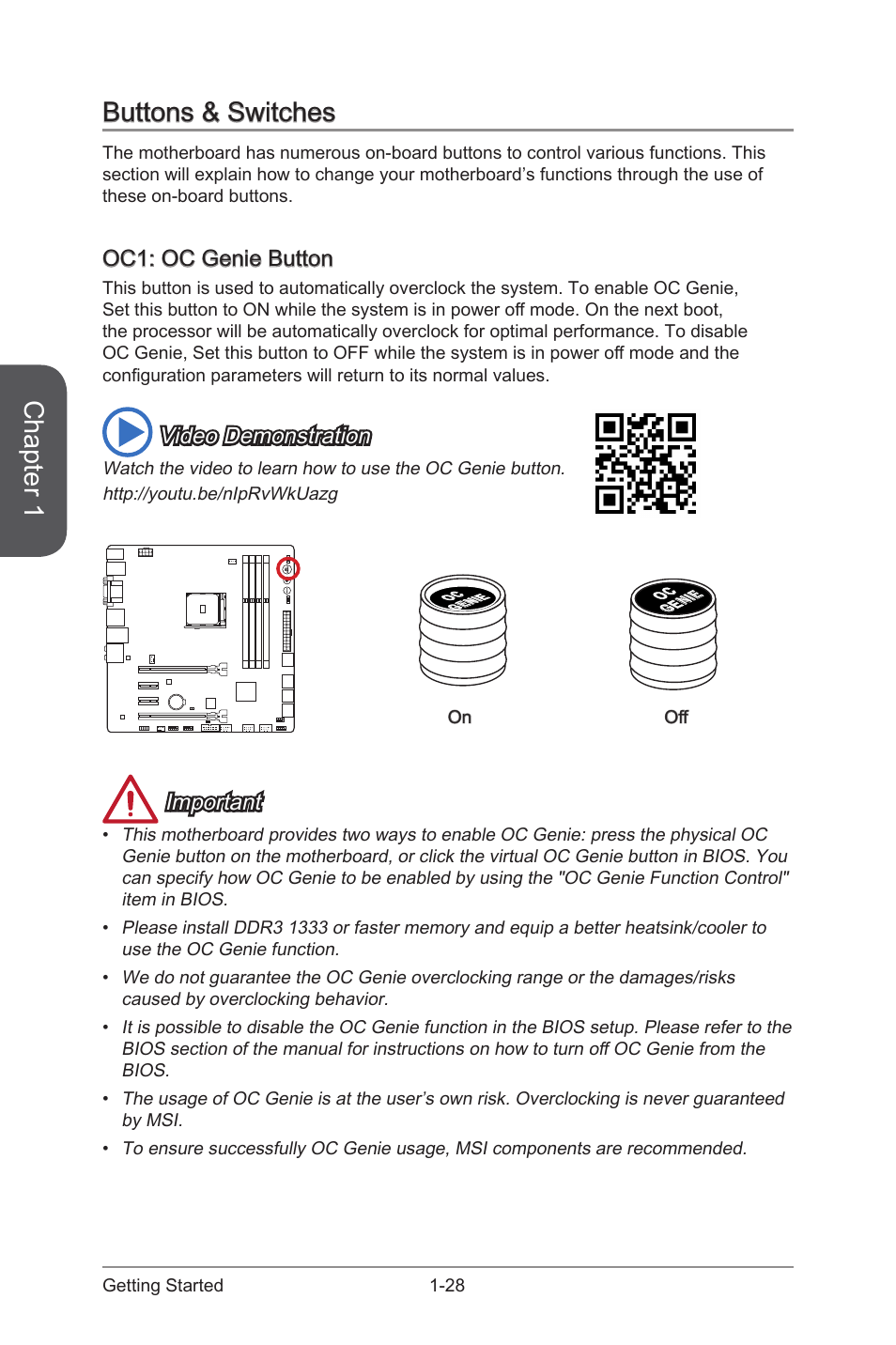 Buttons & switches -28, Oc1: oc genie button -28, Oc genie button | Chapter 1, Buttons & switches, Oc1: oc genie button, Video demonstration, Important | MSI A88XM GAMING User Manual | Page 42 / 102