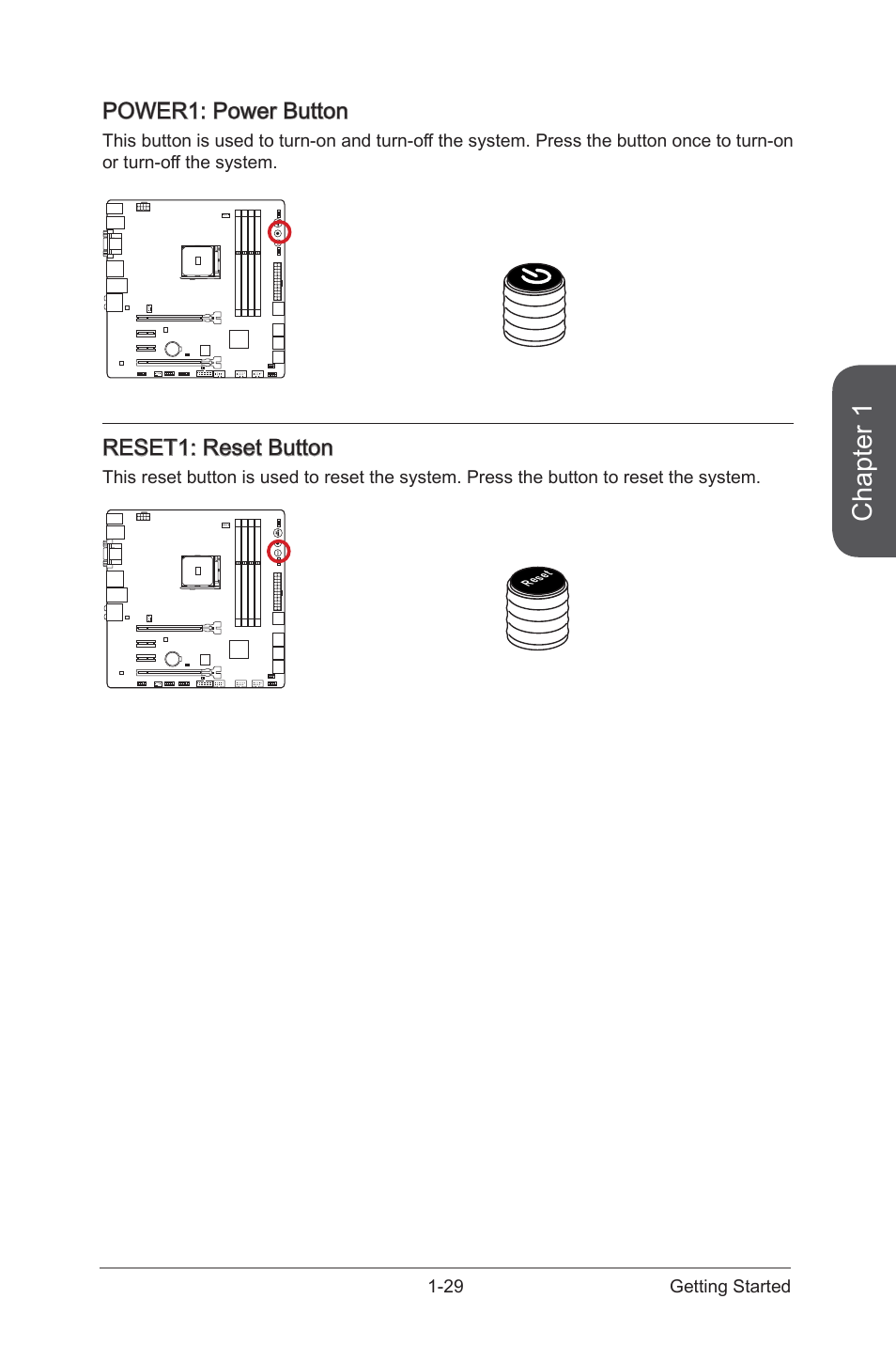 Power1: power button -29 reset1: reset button -29, Power1, Power button | Reset1, Reset button, Chapter 1, Power1: power button, Reset1: reset button | MSI A88XM GAMING User Manual | Page 43 / 102