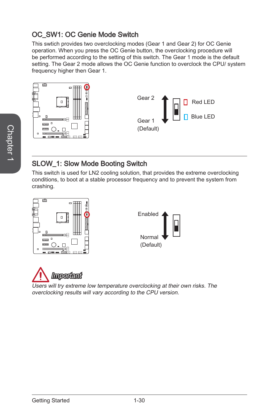 Oc_sw1, Oc genie mode switch, Slow_1 | Slow mode booting switch, Chapter 1, Oc_sw1: oc genie mode switch, Slow_1: slow mode booting switch, Important | MSI A88XM GAMING User Manual | Page 44 / 102